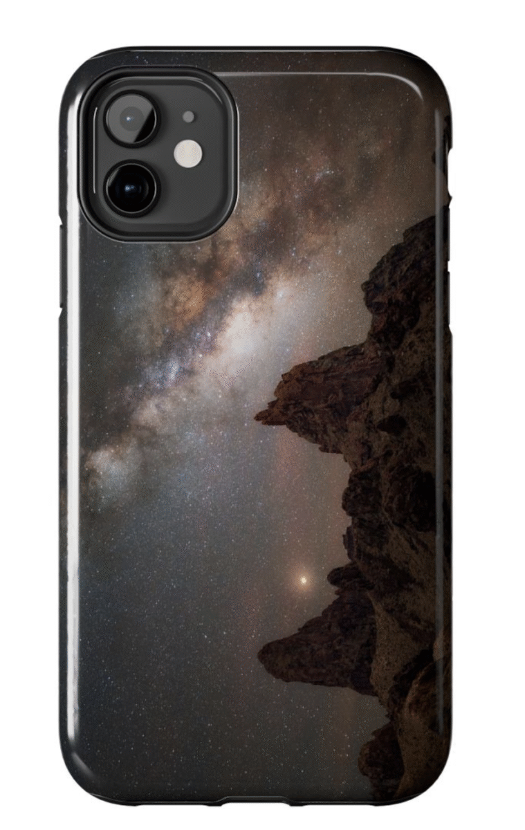 Cell phone case featuring the Mule Ears Comos rock formations under a starry night sky with the Milky Way, photographed in Big Bend National Park, Texas.