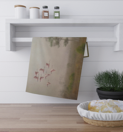 Roseate Spoonbills in flight over a misty landscape with trees and grasses.