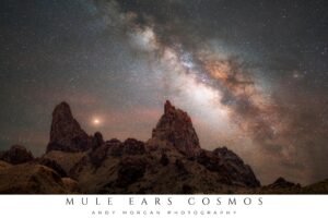 Poster showing the Mule Ears rock formations in Big Bend National Park silhouetted against a brilliant, star-filled night sky with the Milky Way galaxy prominently visible.