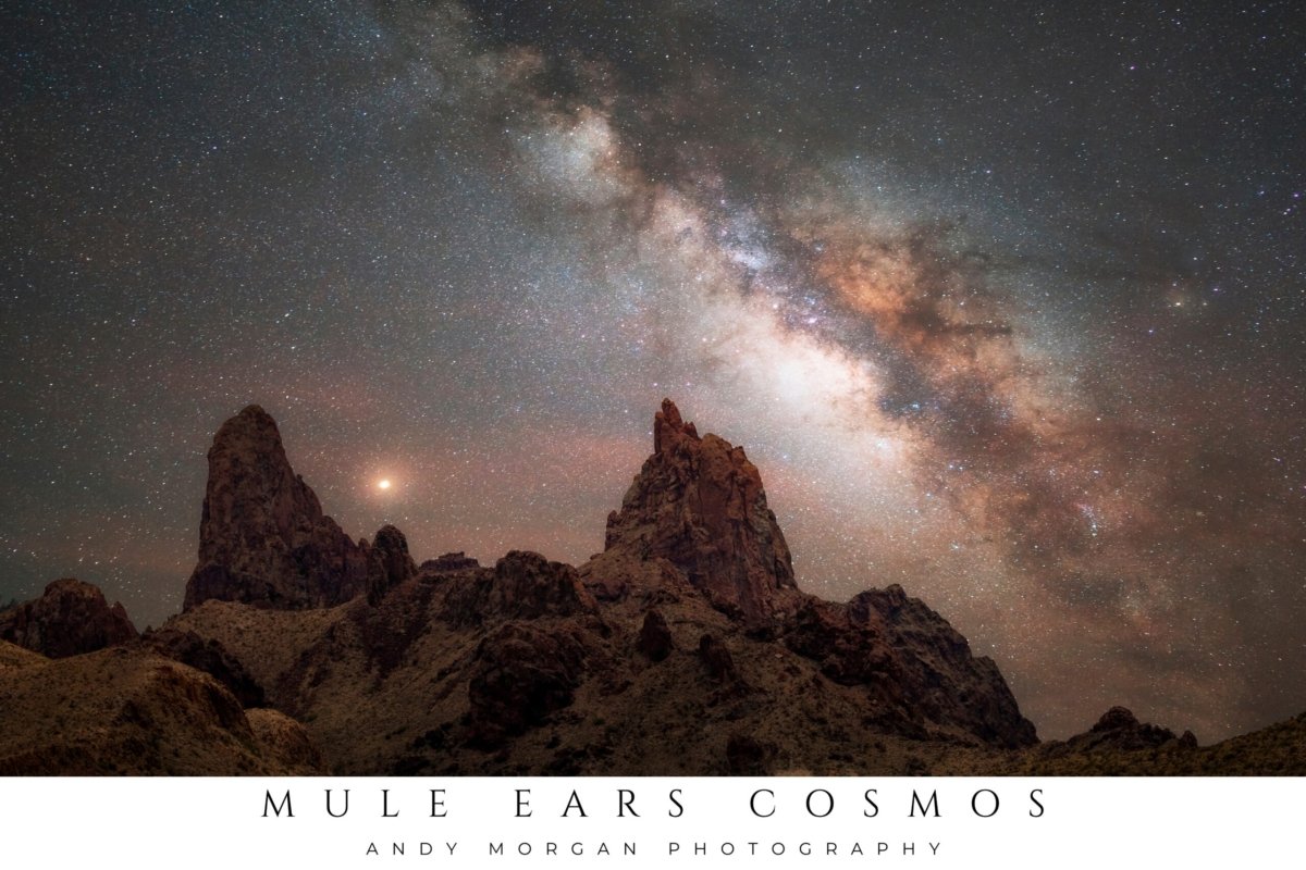 Poster showing the Mule Ears rock formations in Big Bend National Park silhouetted against a brilliant, star-filled night sky with the Milky Way galaxy prominently visible.