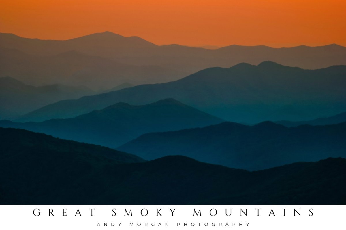 Poster showing the layered blue and purple mountain ranges of the Great Smoky Mountains National Park at sunset, with an orange and gold sky.