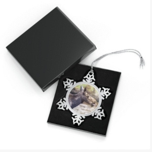 A snowflake-shaped pewter ornament featuring a close-up photograph of a majestic moose's head, showing its antlers and large snout, displayed in an open black gift box.