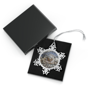 A snowflake-shaped pewter ornament featuring a close-up photograph of an alligator's eye, showing its textured skin and intense gaze, displayed in an open black gift box.