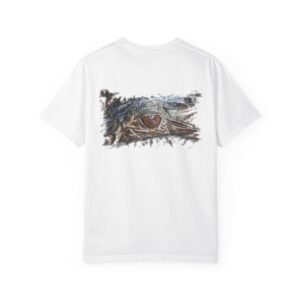 Close-up of a detailed 'Eye of the Gator' graphic with a soft, fading white vignette printed on the back of a classic white unisex t-shirt.