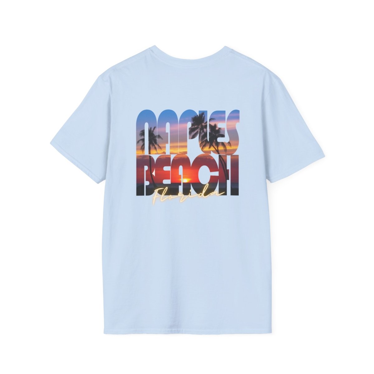 Light blue t-shirt with a large graphic on the back that says "NAPLES BEACH" in distressed, block letters. The letters are filled with a vibrant sunset image featuring silhouetted palm trees and a colorful sky reflecting on water, with "FLORIDA" written in script underneath.