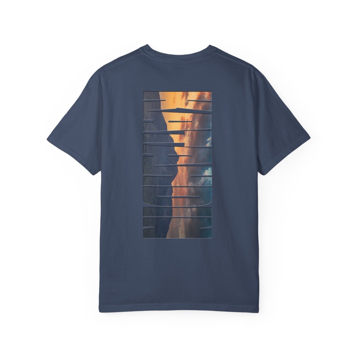 Light grey t-shirt with a large graphic on the back that says "KATAHDIN" in bold, block letters. The letters are filled with a scenic photograph of Mount Katahdin, featuring a blue sky, green trees, and rocky terrain.