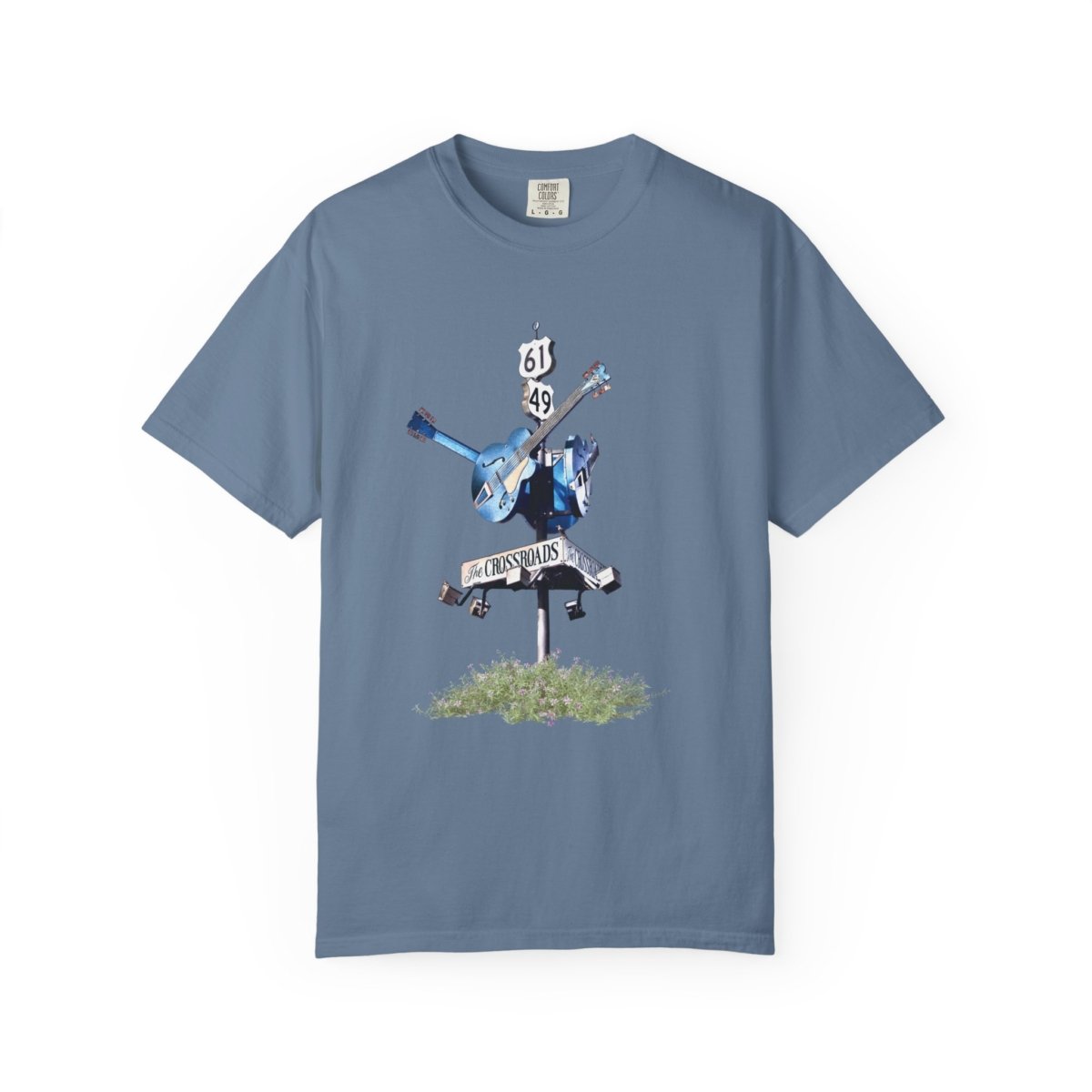 Blue t-shirt featuring the famous Blues Crossroads sign (Highways 61 & 49) with a blue guitar, representing Clarksdale Mississippi.