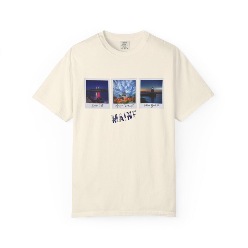 t-shirt featuring three polaroid-style photos of Nubble Light, Monhegan Island Light, and Pemaquid Point Light, with "MAINE" text.