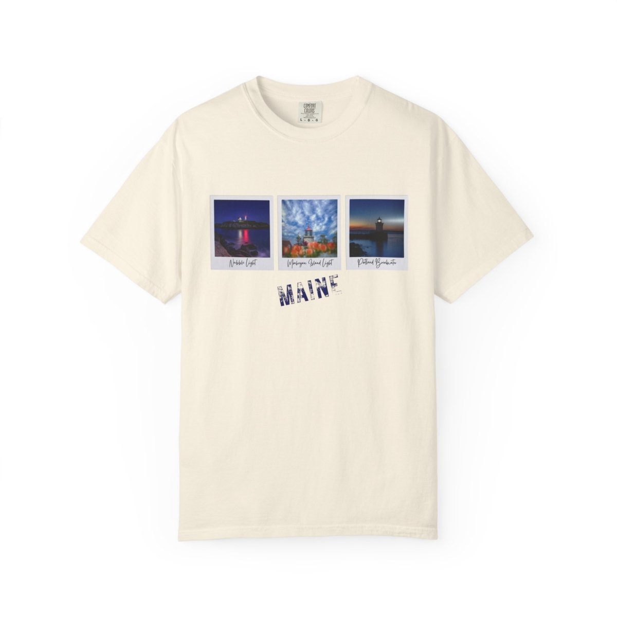 t-shirt featuring three polaroid-style photos of Nubble Light, Monhegan Island Light, and Pemaquid Point Light, with "MAINE" text.