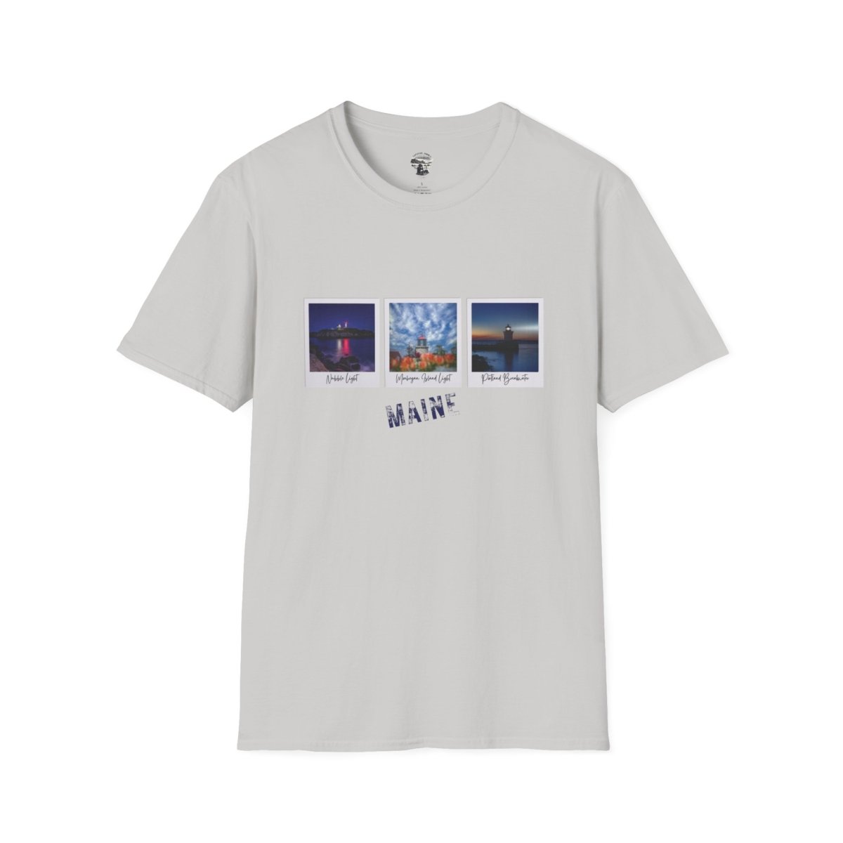 Light gray t-shirt featuring three polaroid-style photos of Nubble Light, Monhegan Island Light, and Pemaquid Point Light, with "MAINE" text.