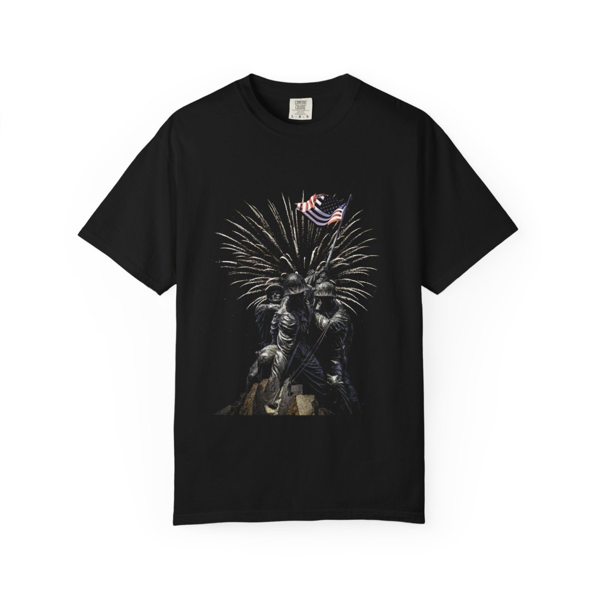Black t-shirt with patriotic design: American flag, fireworks display, and memorial statue of soldiers raising flag.