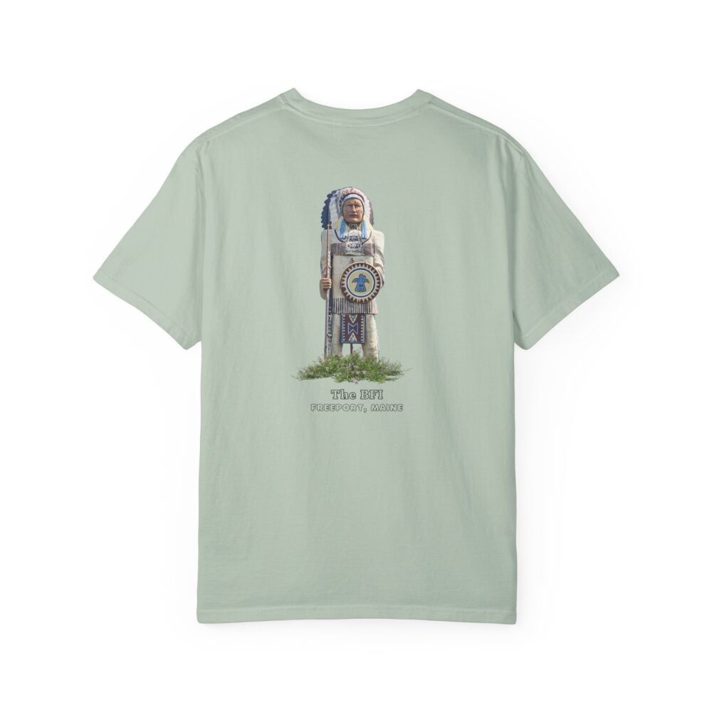 t-shirt features a bold graphic with the letters "BFI" in a stylized font, representing the Chief Passamaquoddy statue in Maine.