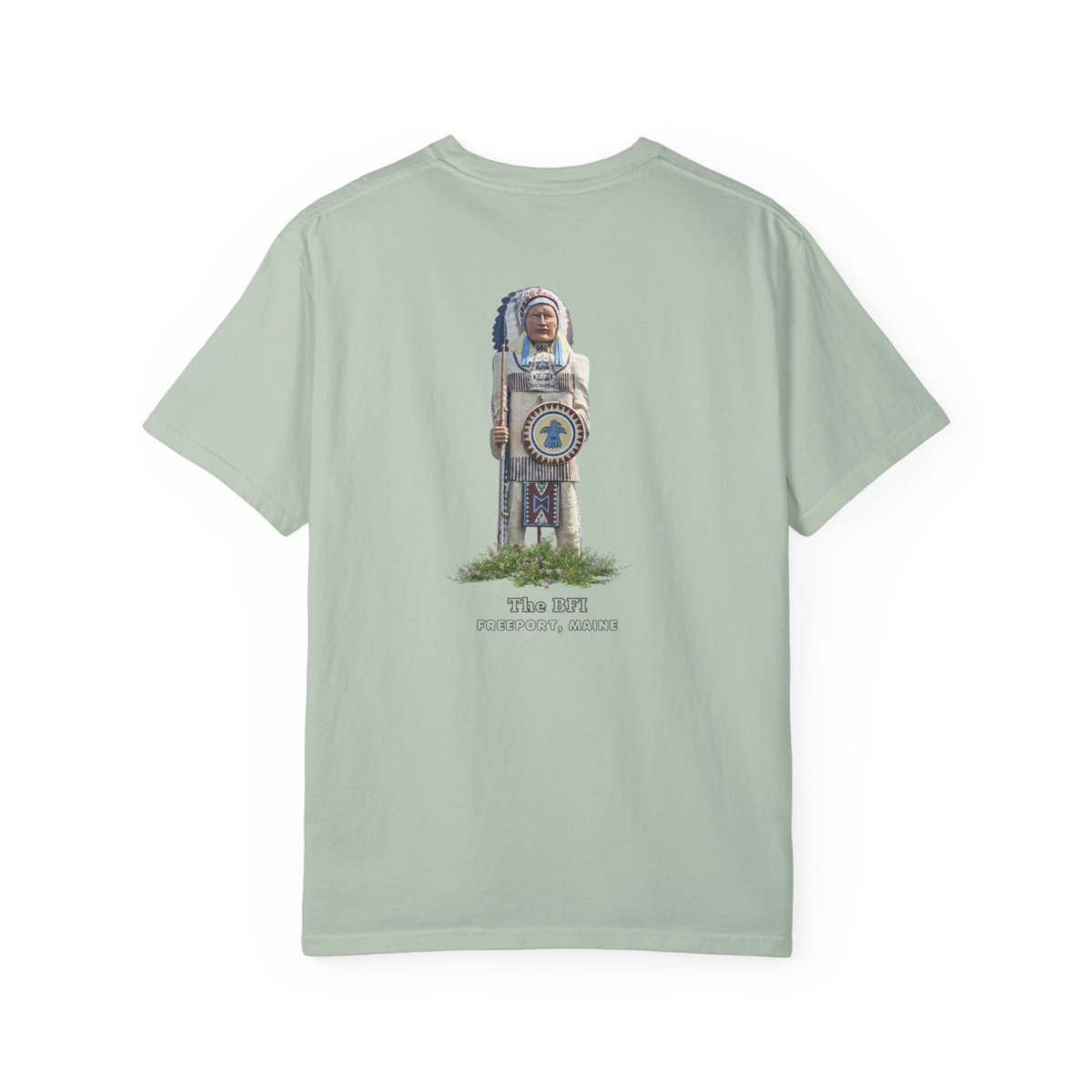 t-shirt features a bold graphic with the letters "BFI" in a stylized font, representing the Chief Passamaquoddy statue in Maine.