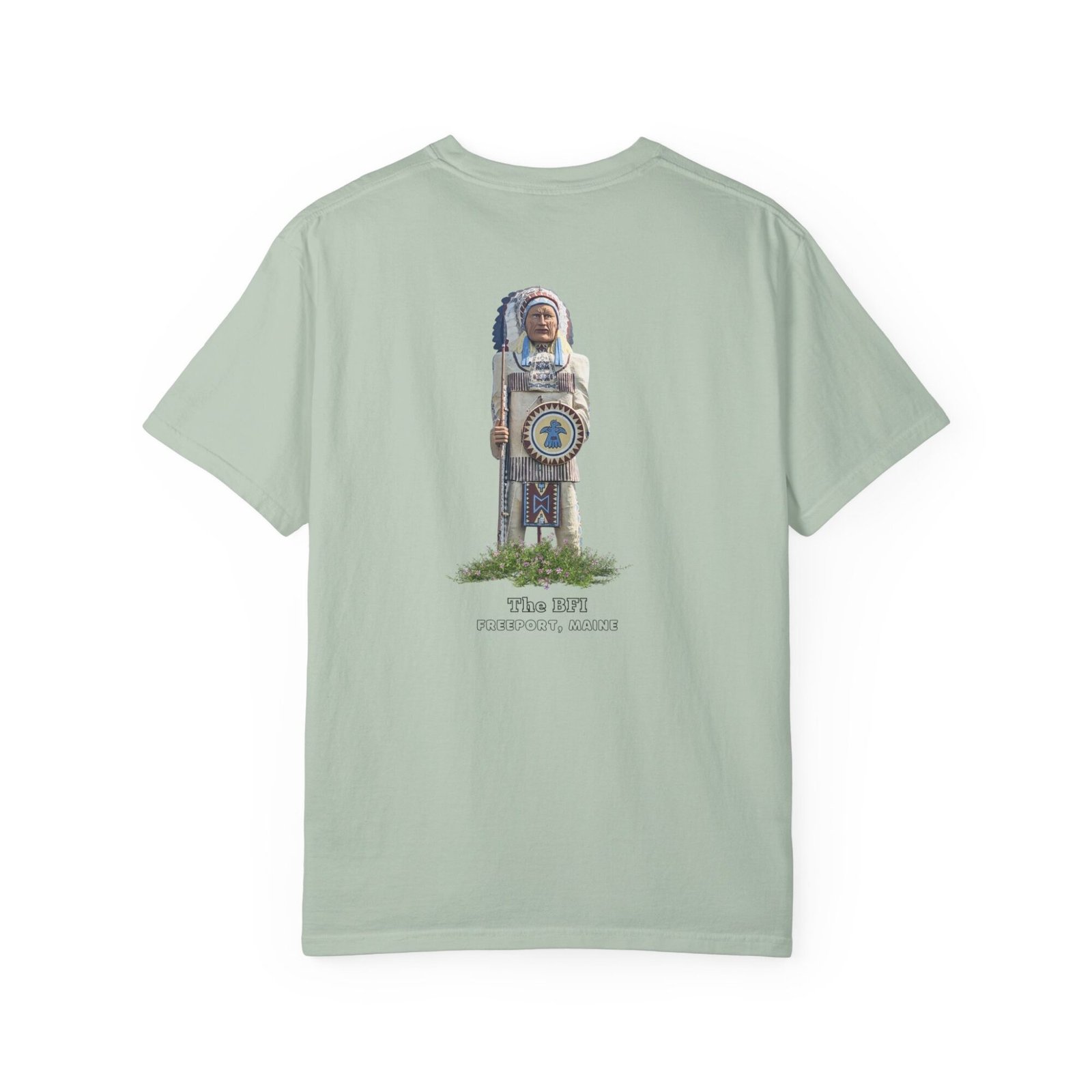 t-shirt features a bold graphic with the letters "BFI" in a stylized font, representing the Chief Passamaquoddy statue in Maine.