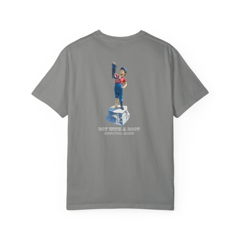 A dark t-shirt shows a graphic of the "Boy With A Boot" fountain statue from Houlton, Maine, depicting a young boy pouring water from a boot.