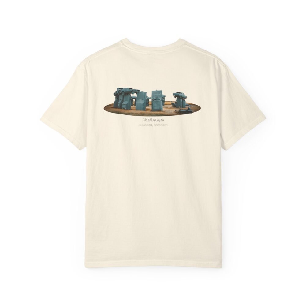 t-shirt with a graphic of Carhenge, a replica of Stonehenge made from vintage gray cars, with text reading "CARHENGE ALLIANCE, NEBRASKA."