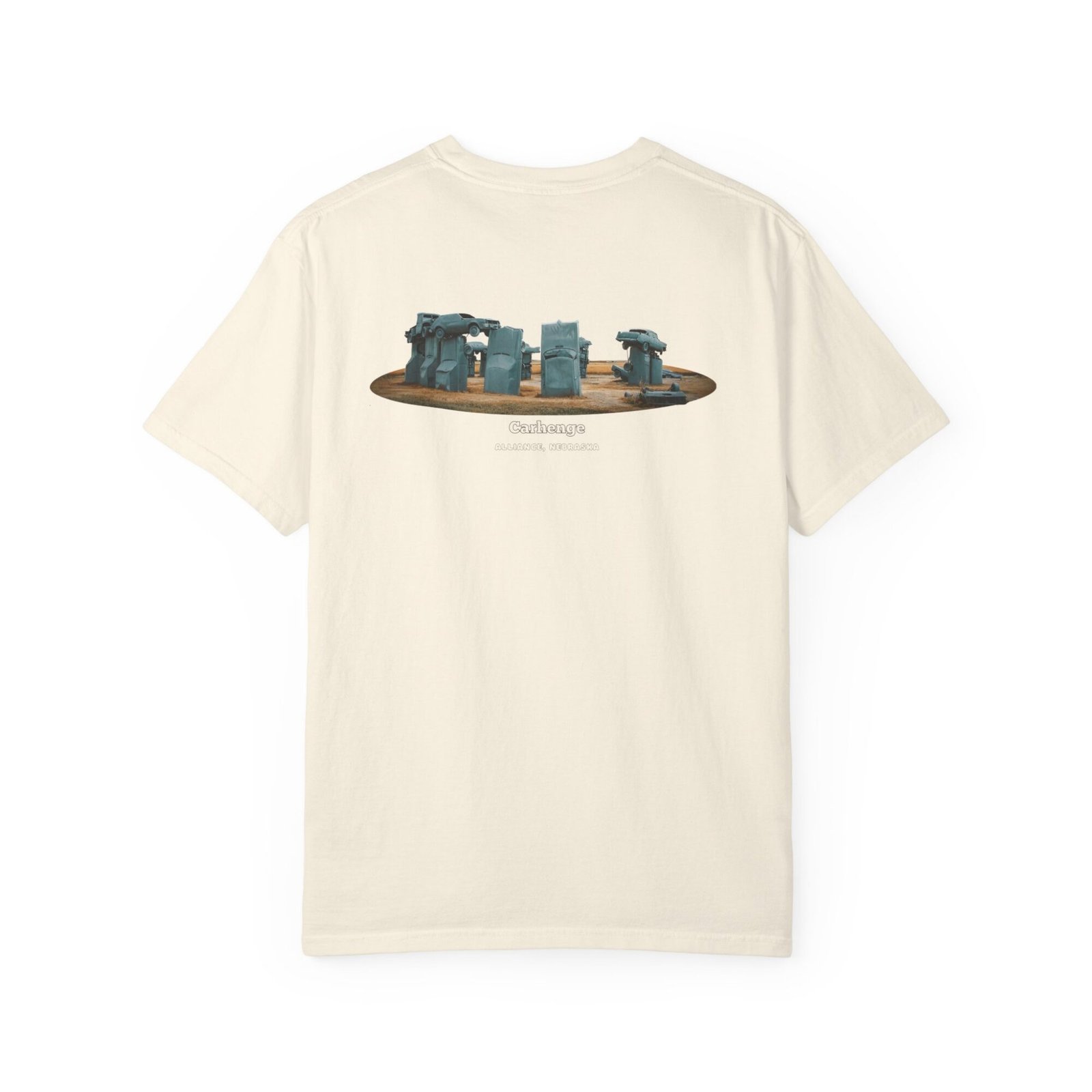 t-shirt with a graphic of Carhenge, a replica of Stonehenge made from vintage gray cars, with text reading "CARHENGE ALLIANCE, NEBRASKA."