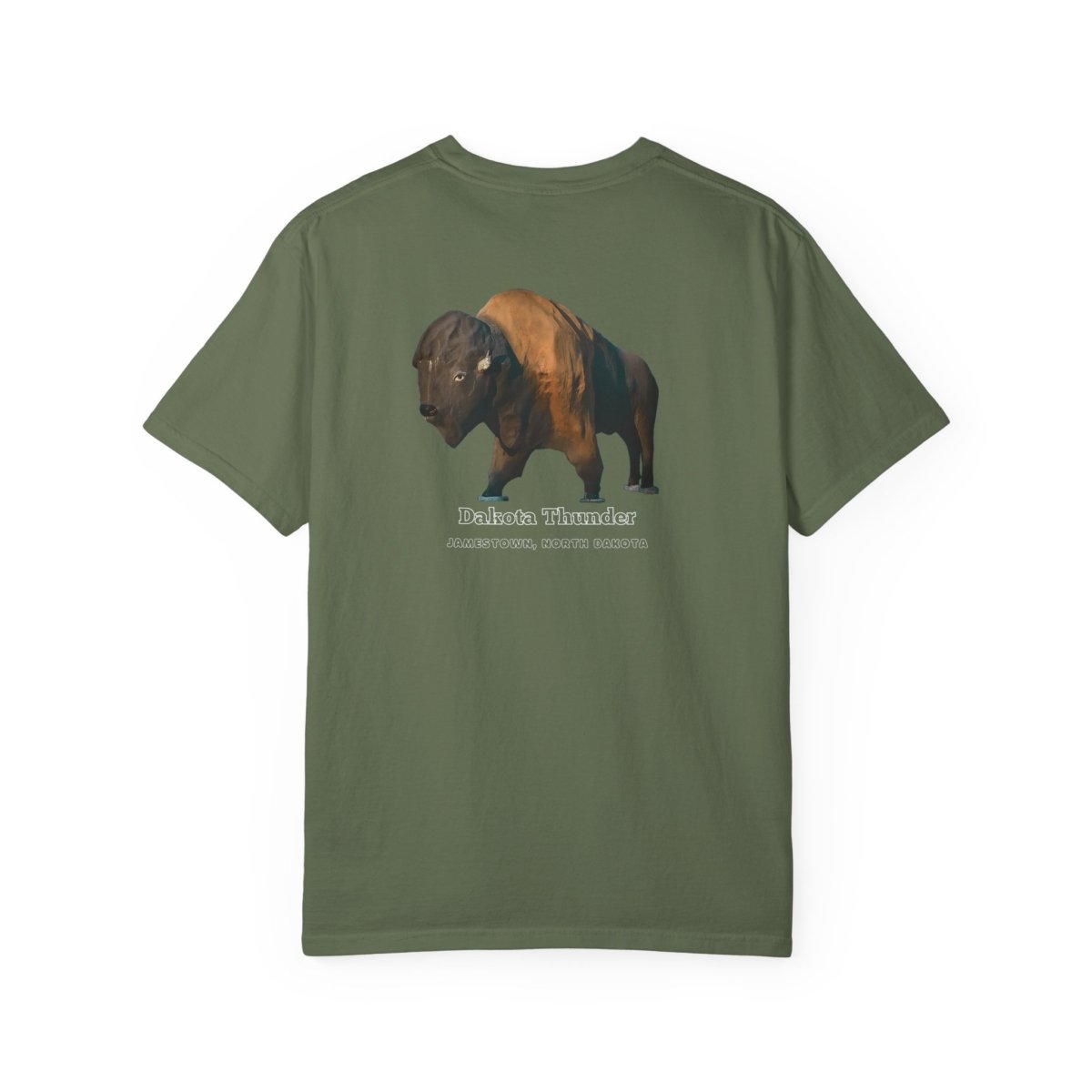 An olive green t-shirt with a graphic of "Dakota Thunder," a large brown bison statue, and text that reads "DAKOTA THUNDER JAMESTOWN, NORTH DAKOTA."