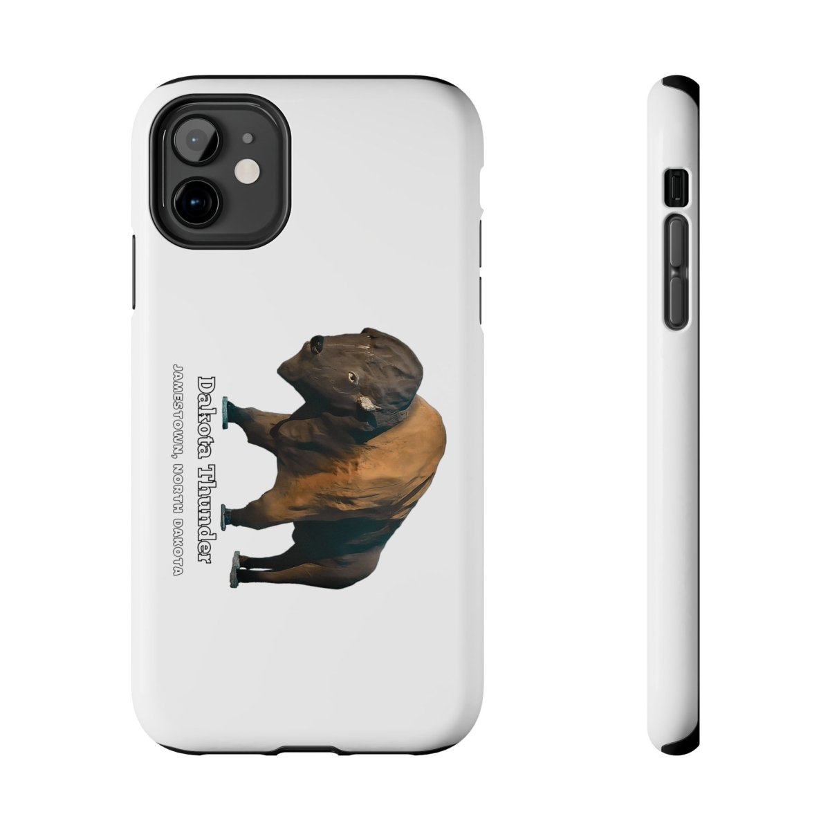 A phone case featuring "Dakota Thunder," the majestic giant bison statue, with text "DAKOTA THUNDER JAMESTOWN, NORTH DAKOTA."