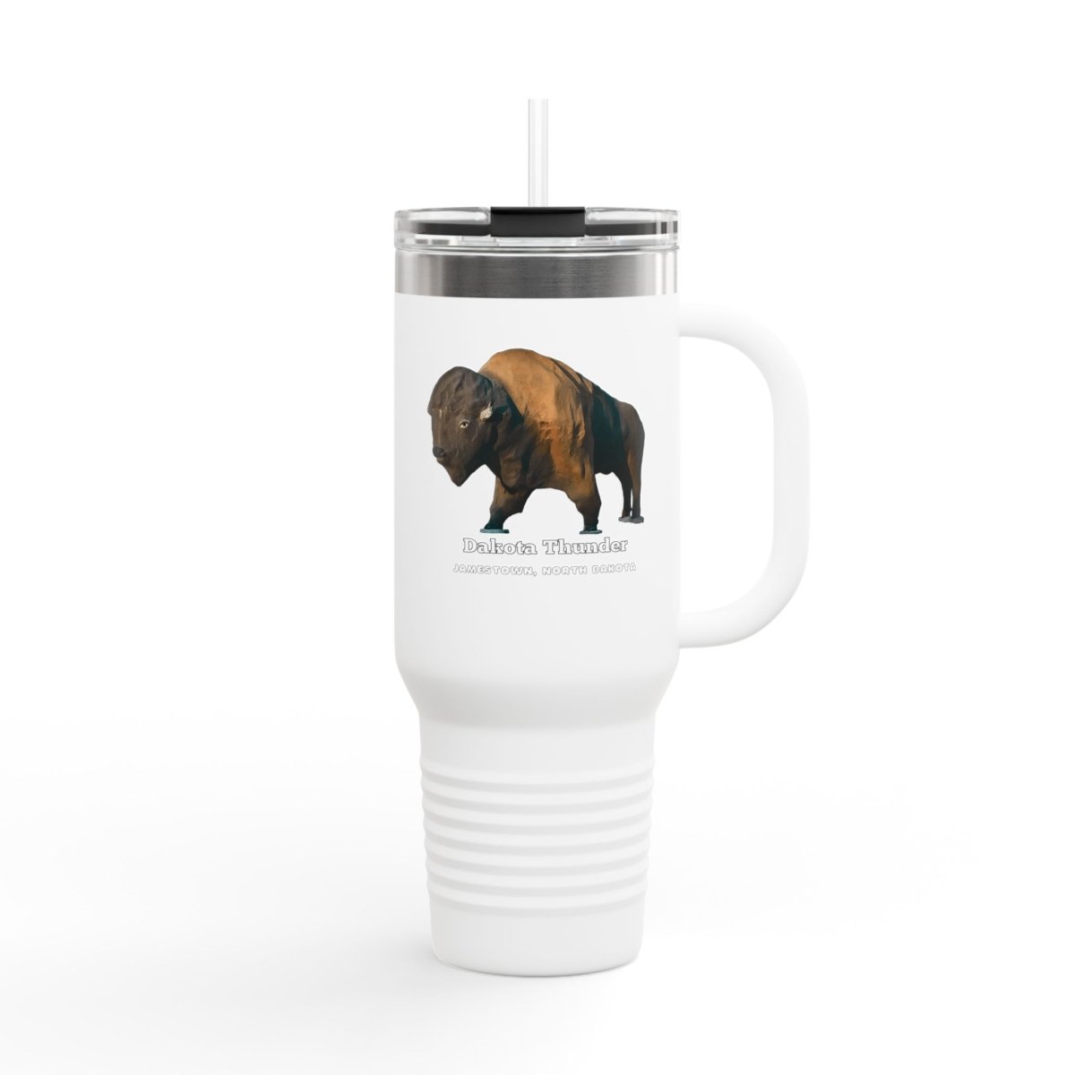 A white insulated travel tumbler with a clear lid and straw, featuring "Dakota Thunder," a large brown bison statue, and text that reads "DAKOTA THUNDER JAMESTOWN, NORTH DAKOTA."