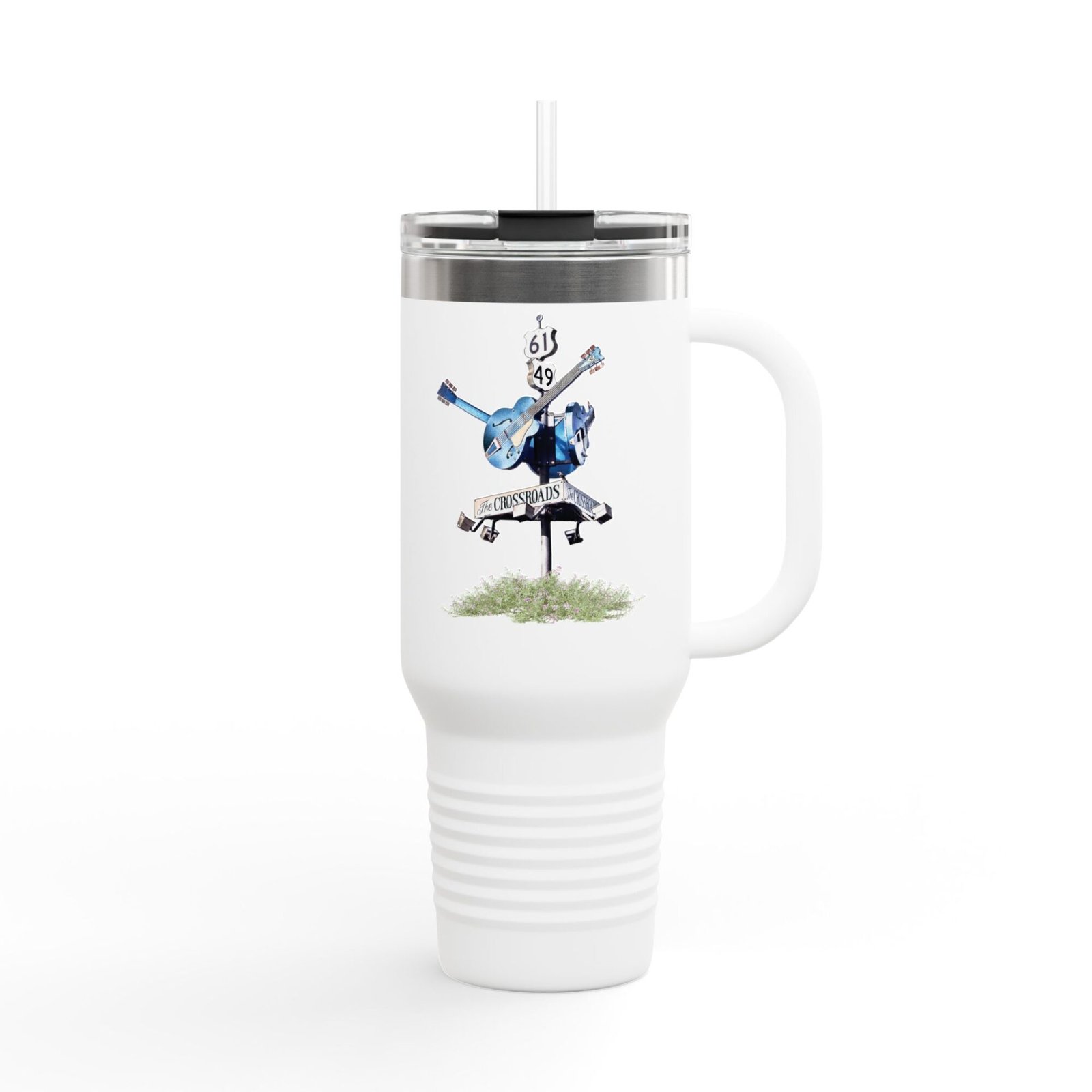 White travel tumbler with a clear lid and straw, featuring a blues crossroads sign with a blue guitar and "THE CROSSROADS" text.