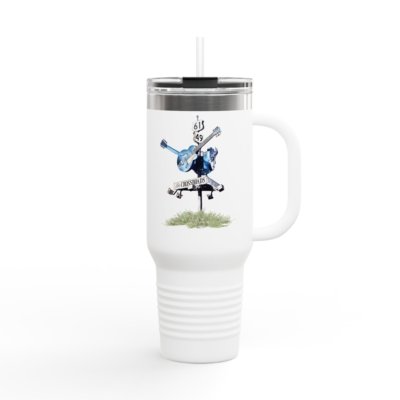 White travel tumbler with a clear lid and straw, featuring a blues crossroads sign with a blue guitar and "THE CROSSROADS" text.