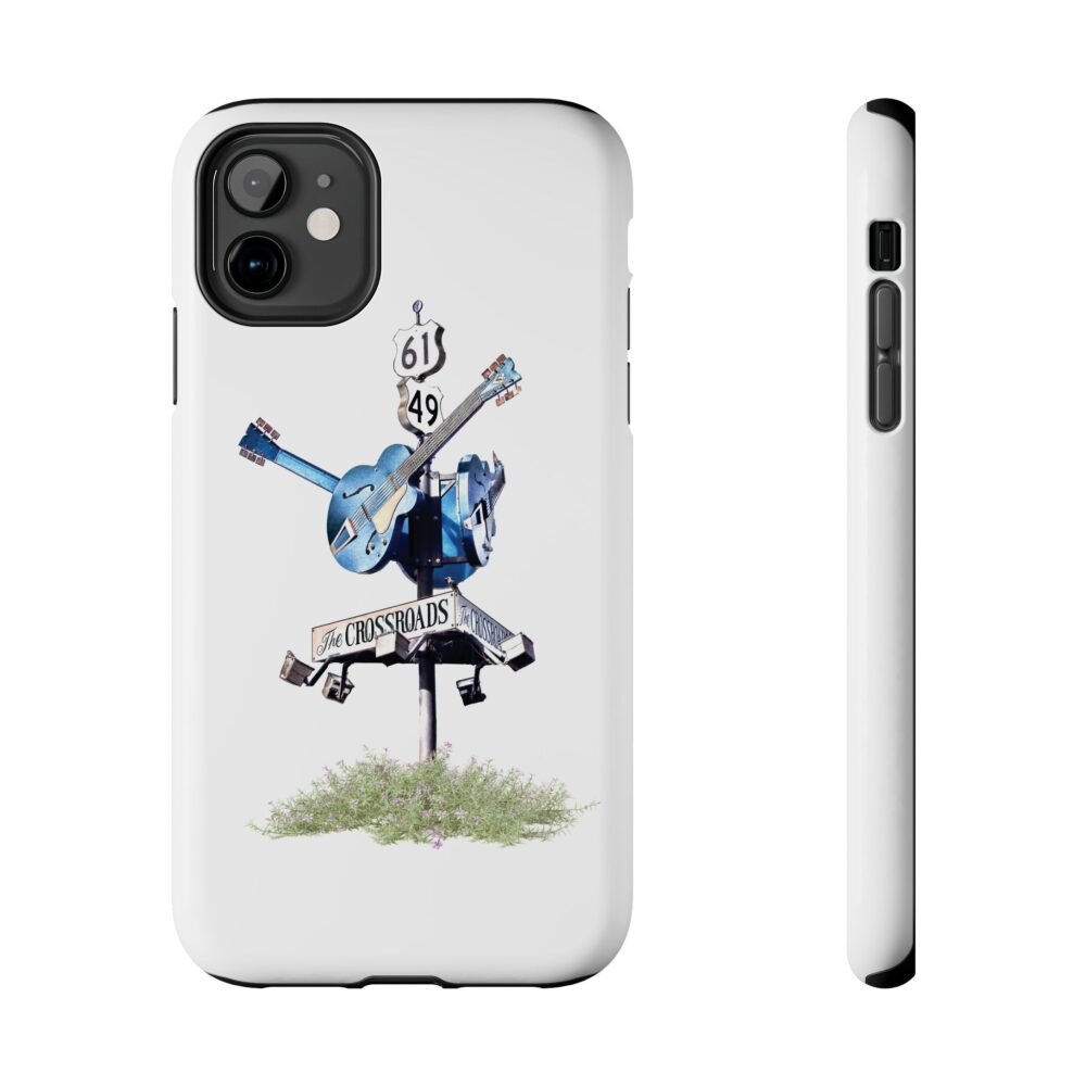 A white phone case displaying the iconic Delta Blues Crossroads sign with two guitars forming a cross, and text for "CLARKSDALE, MISSISSIPPI."