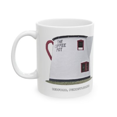 White ceramic coffee mug featuring the Giant Coffee Pot landmark with "BEDFORD, PENNSYLVANIA" text.