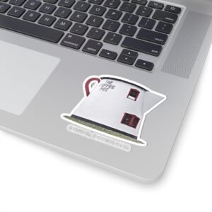 Laptop with a die-cut sticker of the Giant Coffee Pot landmark in Bedford, Pennsylvania.