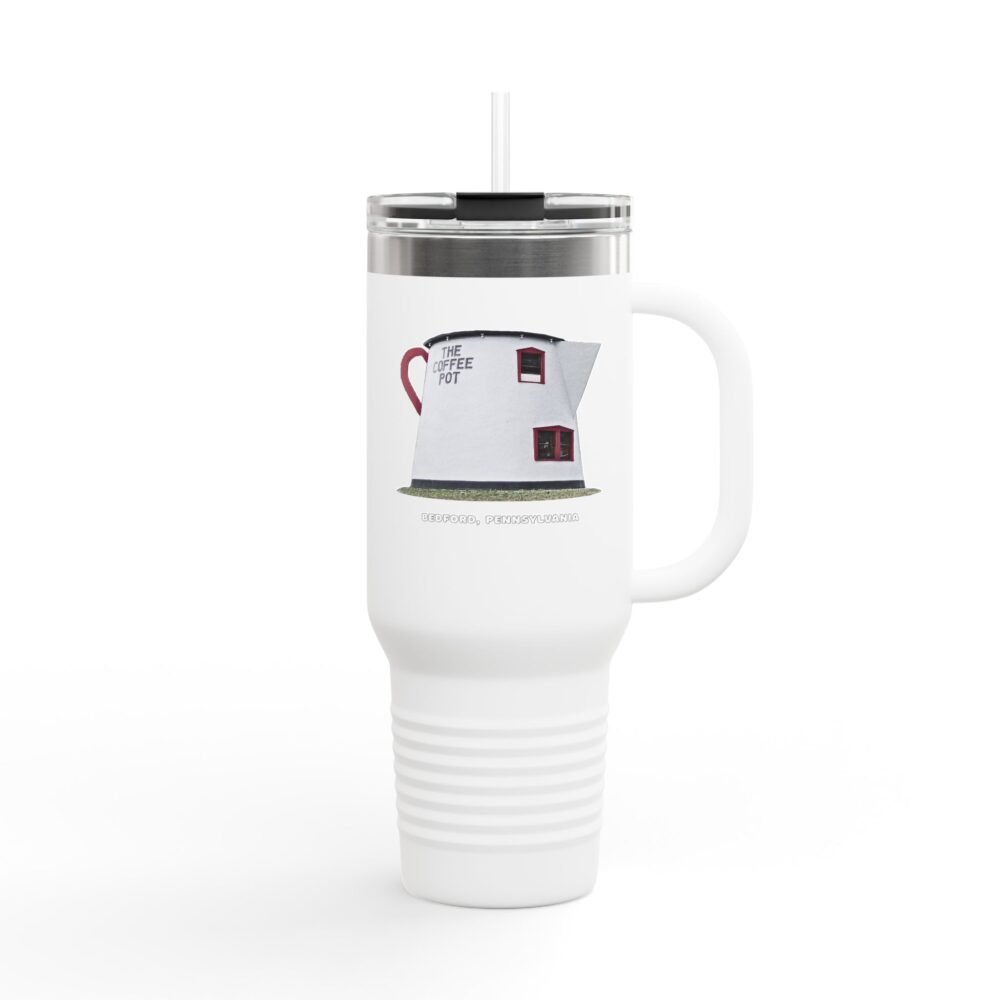 White travel tumbler with a clear lid and straw, featuring an image of the Giant Coffee Pot landmark in Bedford, Pennsylvania.