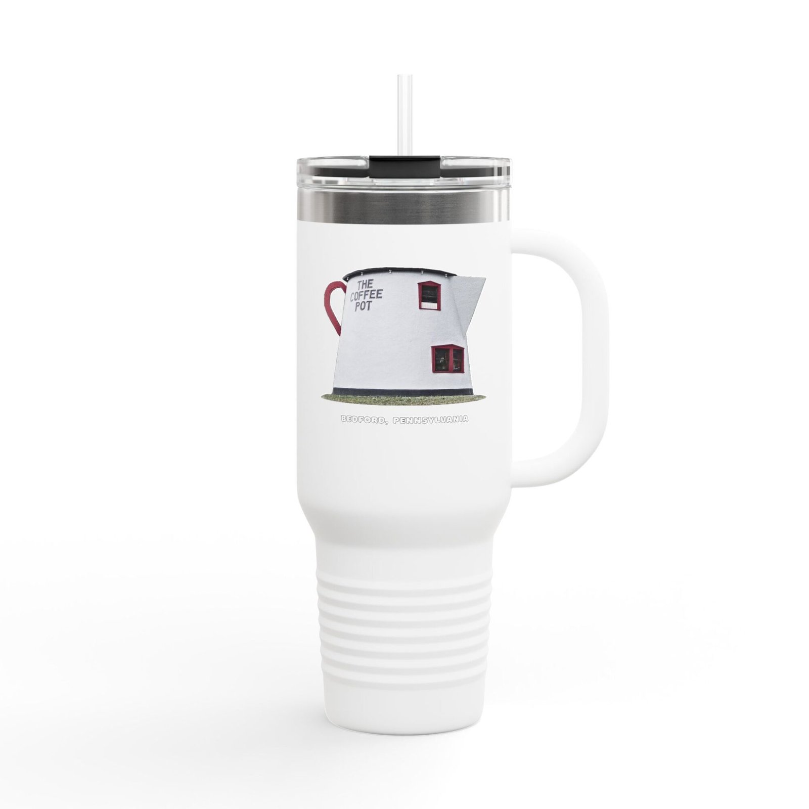 White travel tumbler with a clear lid and straw, featuring an image of the Giant Coffee Pot landmark in Bedford, Pennsylvania.