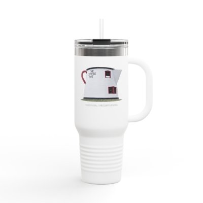 White travel tumbler with a clear lid and straw, featuring an image of the Giant Coffee Pot landmark in Bedford, Pennsylvania.