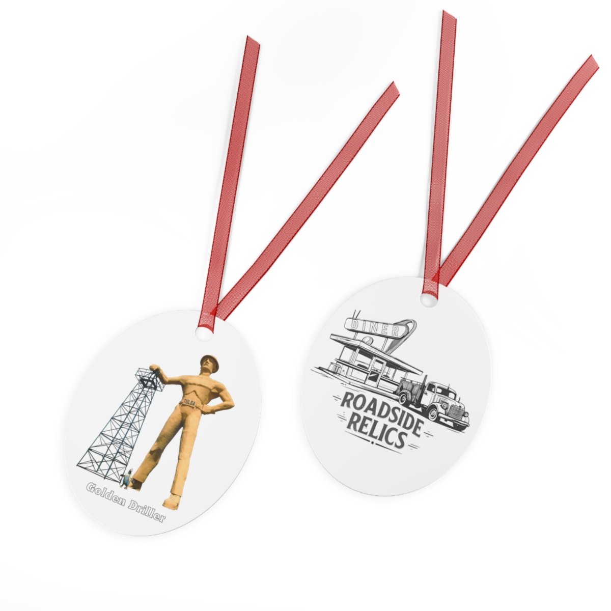 A two-sided oval ornament with a red ribbon, featuring the "Golden Driller" oil worker statue on one side and a "ROAD SIDE RELICS" diner graphic on the other.