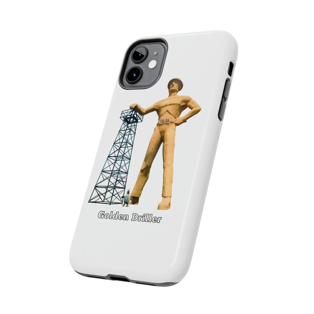 A phone case featuring the "Golden Driller," a giant oil worker statue, standing next to an oil derrick, with text "Golden Driller TULSA, OKLAHOMA."