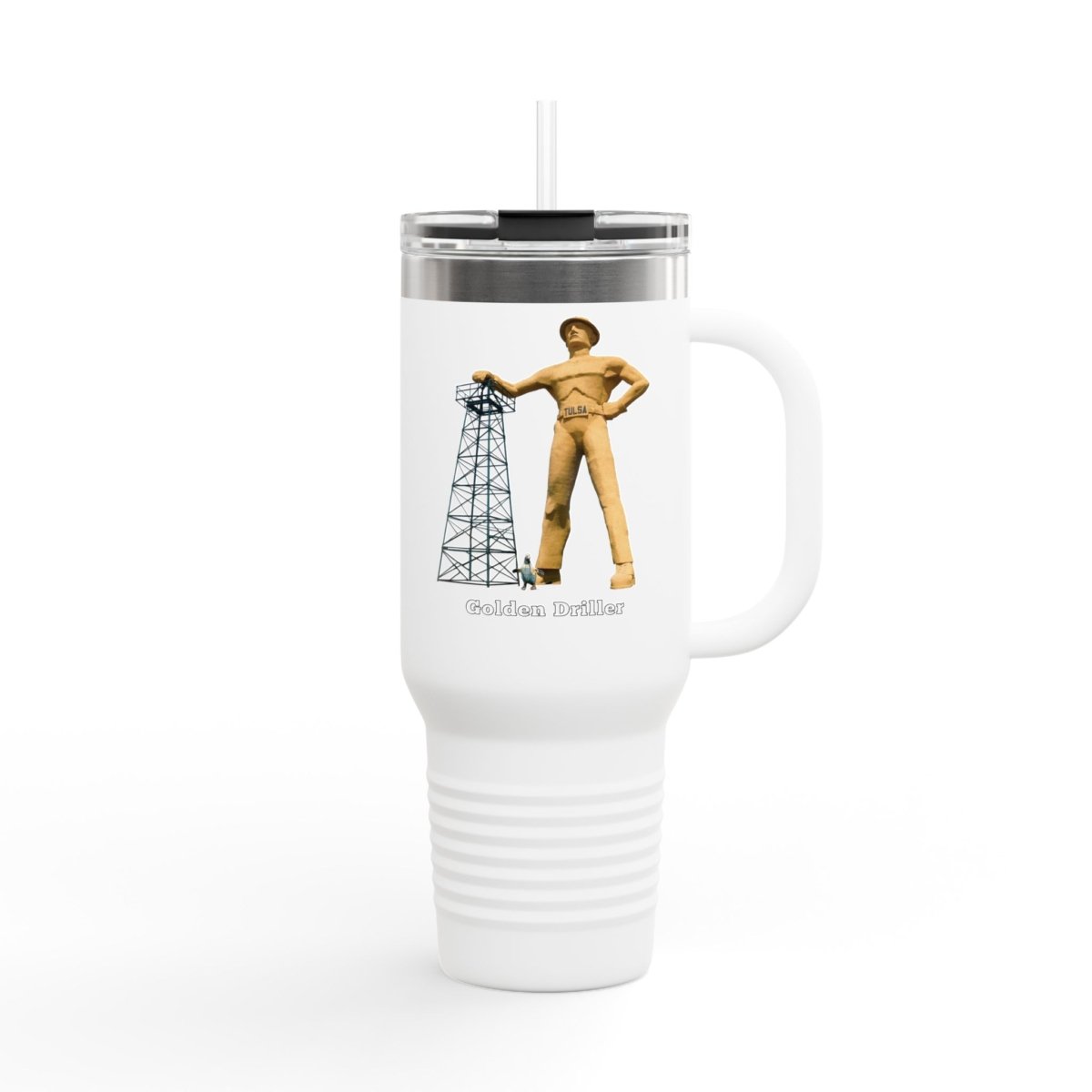A white insulated travel mug with a clear lid and straw. It shows a clear picture of Tulsa, Oklahoma's "Golden Driller" statue next to an oil rig. The text says "Golden Driller TULSA, OKLAHOMA."
