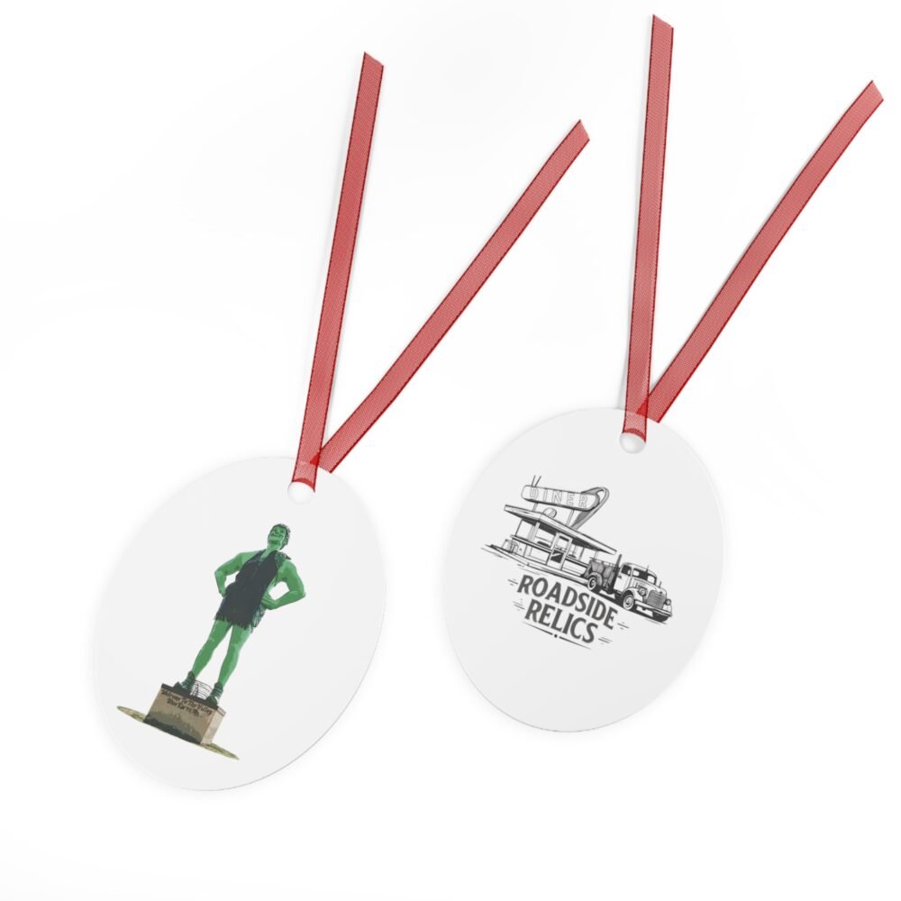 Round metal ornament with red ribbon, featuring the Jolly Green Giant statue on one side and a "Roadside Relics" diner and truck design on the other.