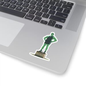Laptop with a die-cut sticker of the Jolly Green Giant statue with "Welcome To The Valley Blue Earth MN" text.
