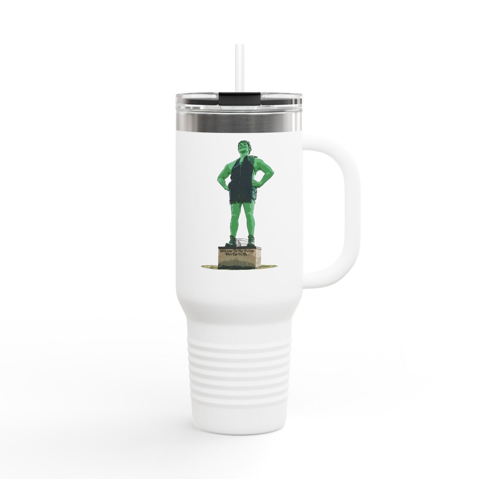 White travel tumbler with a clear lid and straw, featuring the Jolly Green Giant statue from Blue Earth, Minnesota.