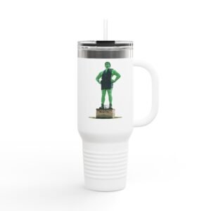 White travel tumbler with a clear lid and straw, featuring the Jolly Green Giant statue from Blue Earth, Minnesota.