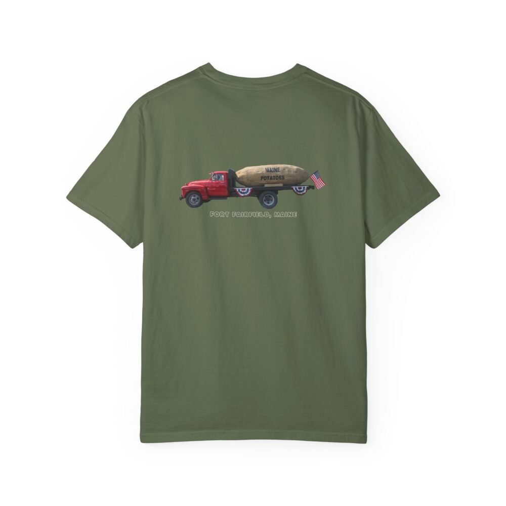 A dark t-shirt shows a fun graphic of a potato with the text "MAINE POTATOS."