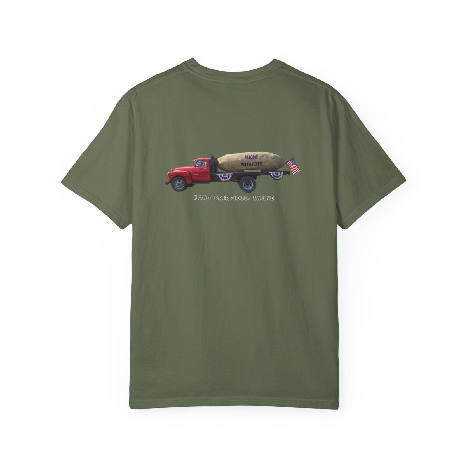A dark t-shirt shows a fun graphic of a potato with the text "MAINE POTATOS."