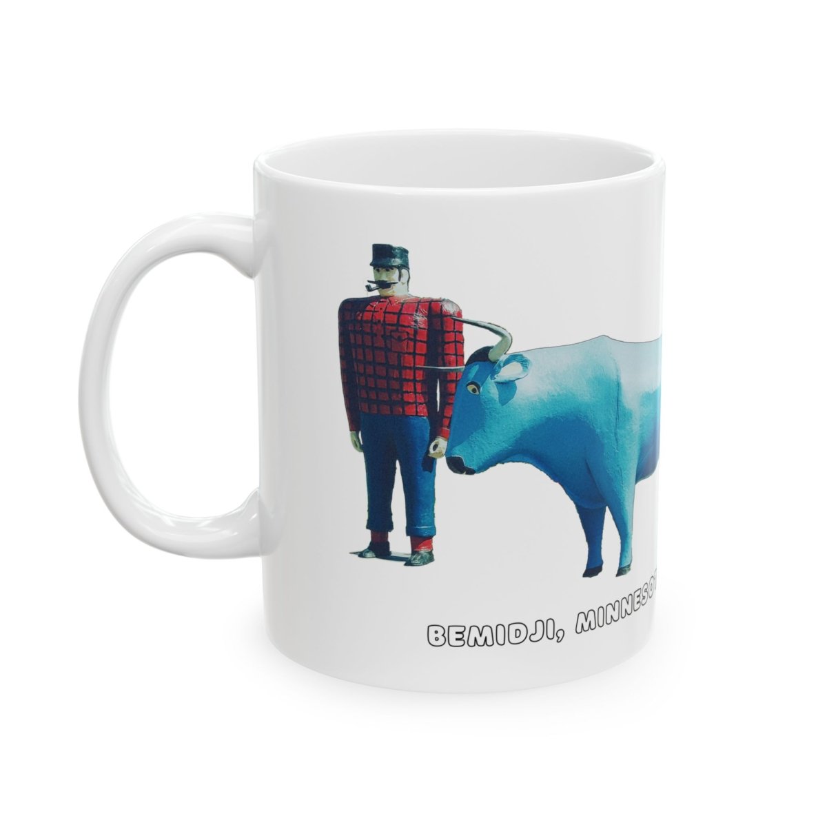 White ceramic coffee cup featuring Paul Bunyan and Babe the Blue Ox with "BEMIDJI, MINNESOTA" text.