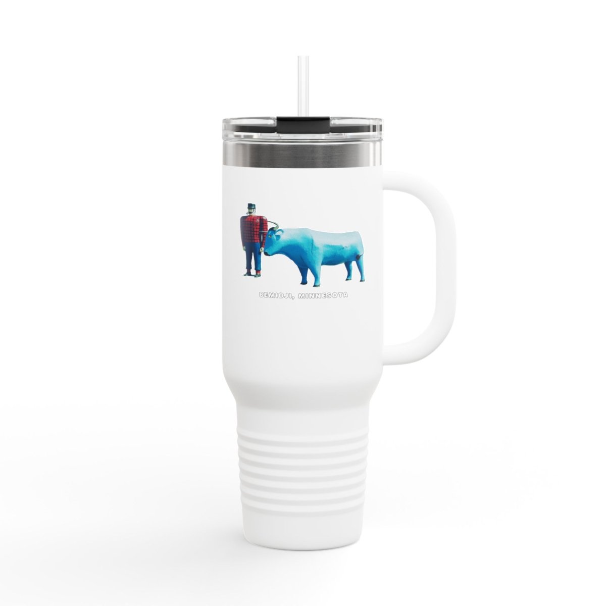 White travel tumbler with a clear lid and straw, featuring an image of Paul Bunyan and Babe the Blue Ox from Bemidji, Minnesota.