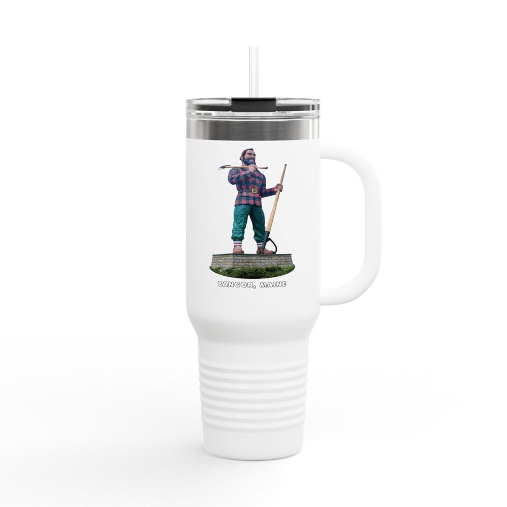 A white insulated travel tumbler with a clear lid and straw, featuring a graphic of the Paul Bunyan statue from Bangor, Maine, holding an axe and peavey, with "BANGOR, MAINE" text below.