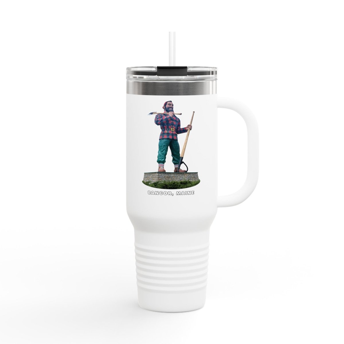 A white insulated travel tumbler with a clear lid and straw, featuring a graphic of the Paul Bunyan statue from Bangor, Maine, holding an axe and peavey, with "BANGOR, MAINE" text below.