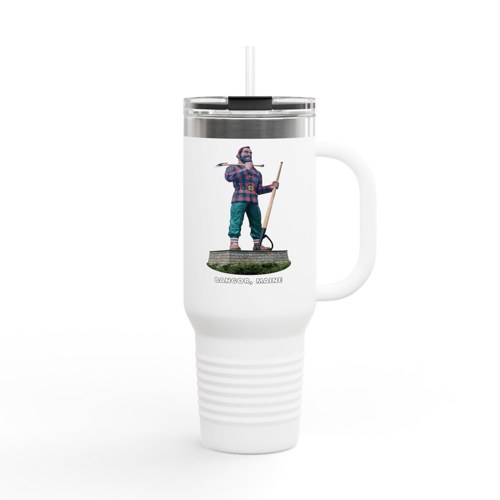 A white insulated travel tumbler with a clear lid and straw, featuring a graphic of the Paul Bunyan statue from Bangor, Maine, holding an axe and peavey, with "BANGOR, MAINE" text below.