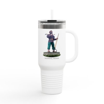 A white insulated travel tumbler with a clear lid and straw, featuring a graphic of the Paul Bunyan statue from Bangor, Maine, holding an axe and peavey, with "BANGOR, MAINE" text below.