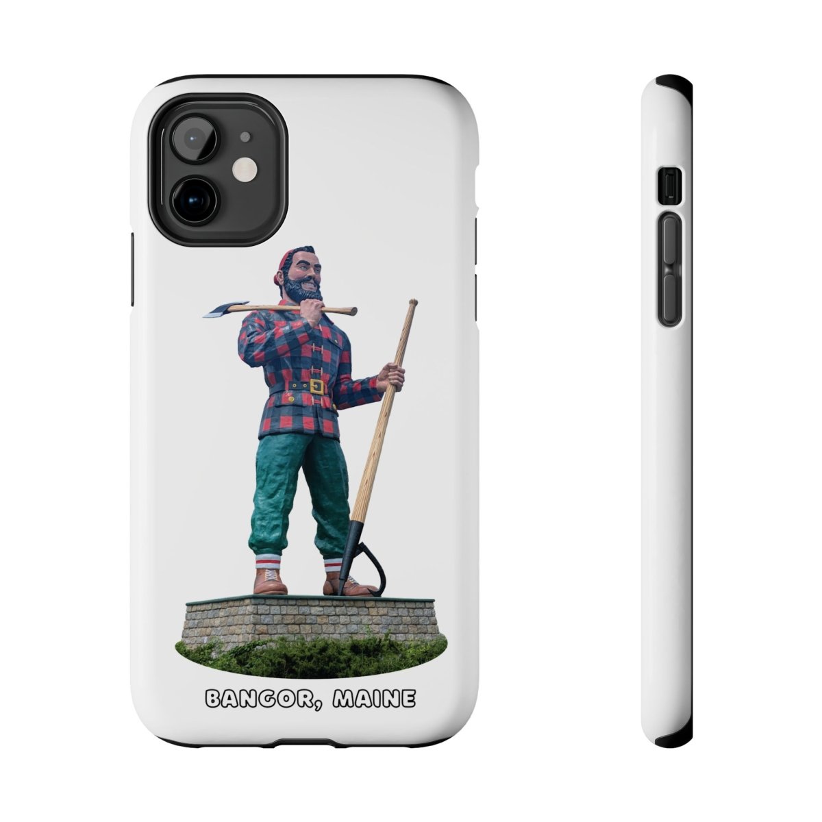 A black phone case featuring a graphic of the Paul Bunyan statue from Bangor, Maine, holding an axe and peavey, with text that reads "BANGOR, MAINE."