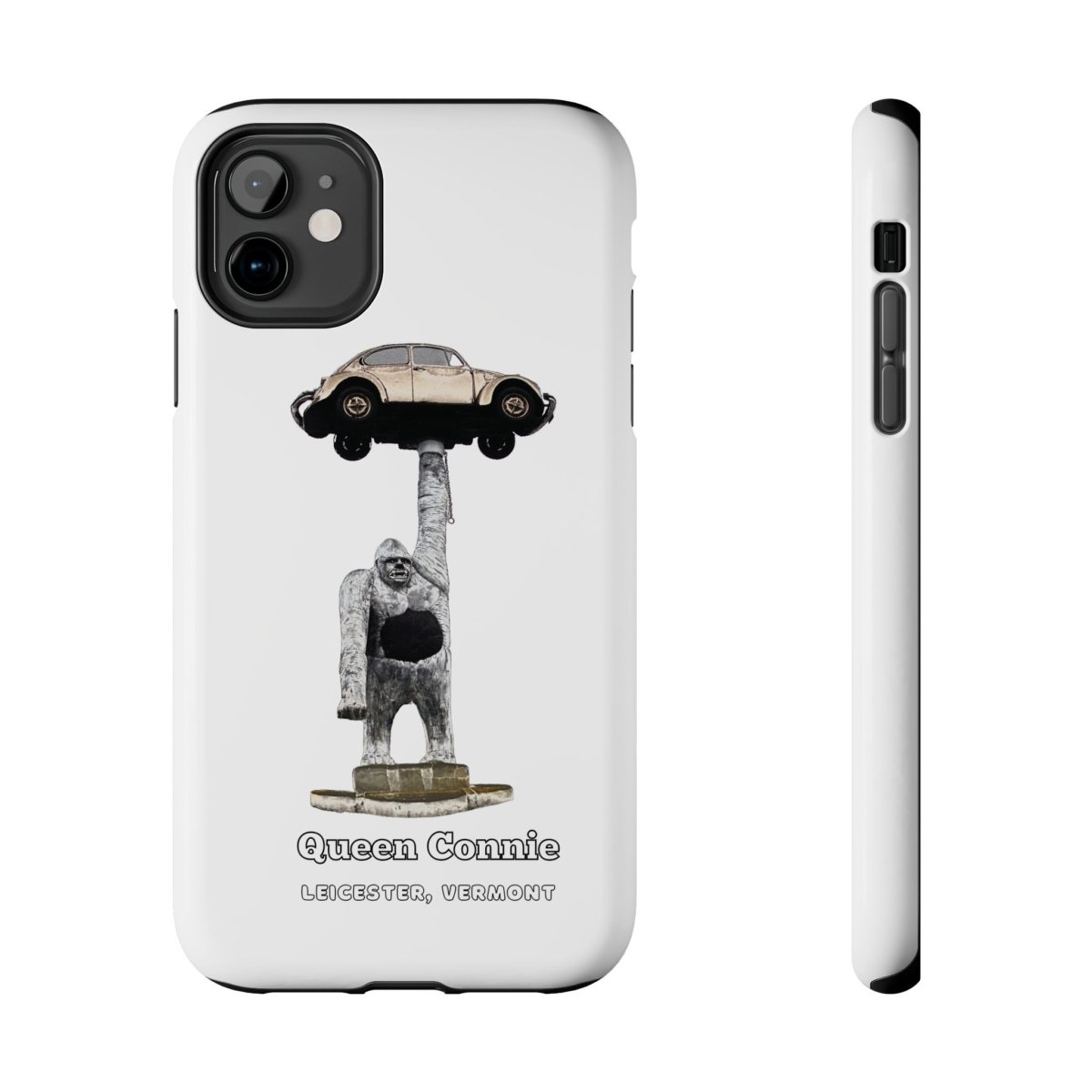 A phone case featuring "Queen Connie," the giant gorilla statue, with text "QUEEN CONNIE LEICESTER, VERMONT."