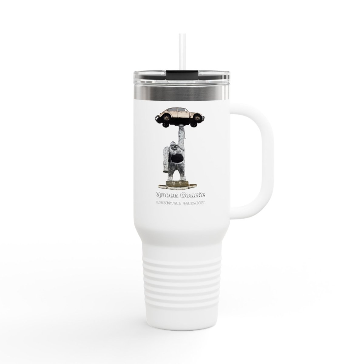 White travel tumbler with a clear lid and straw, featuring Queen Connie, a gorilla statue holding a Volkswagen Beetle, with "Queen Connie LEICESTER, VERMONT" text.